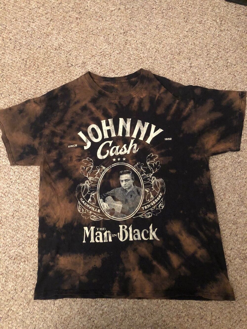 Johnny Cash Men in Black Rare Brown All Over Print T Shirt Size Sm Nashville, TN